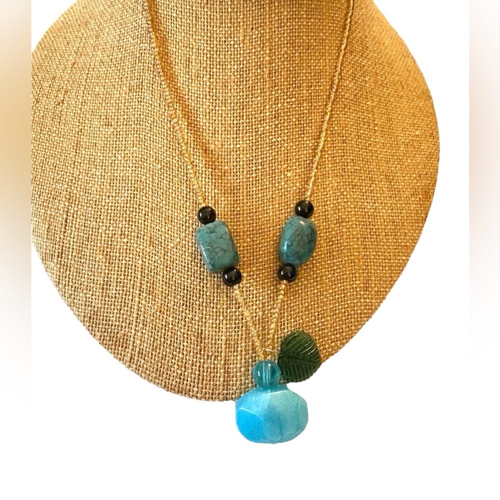 Seed Beaded Necklace with Stones and Glass Leaf with Lobster Claw Clasp